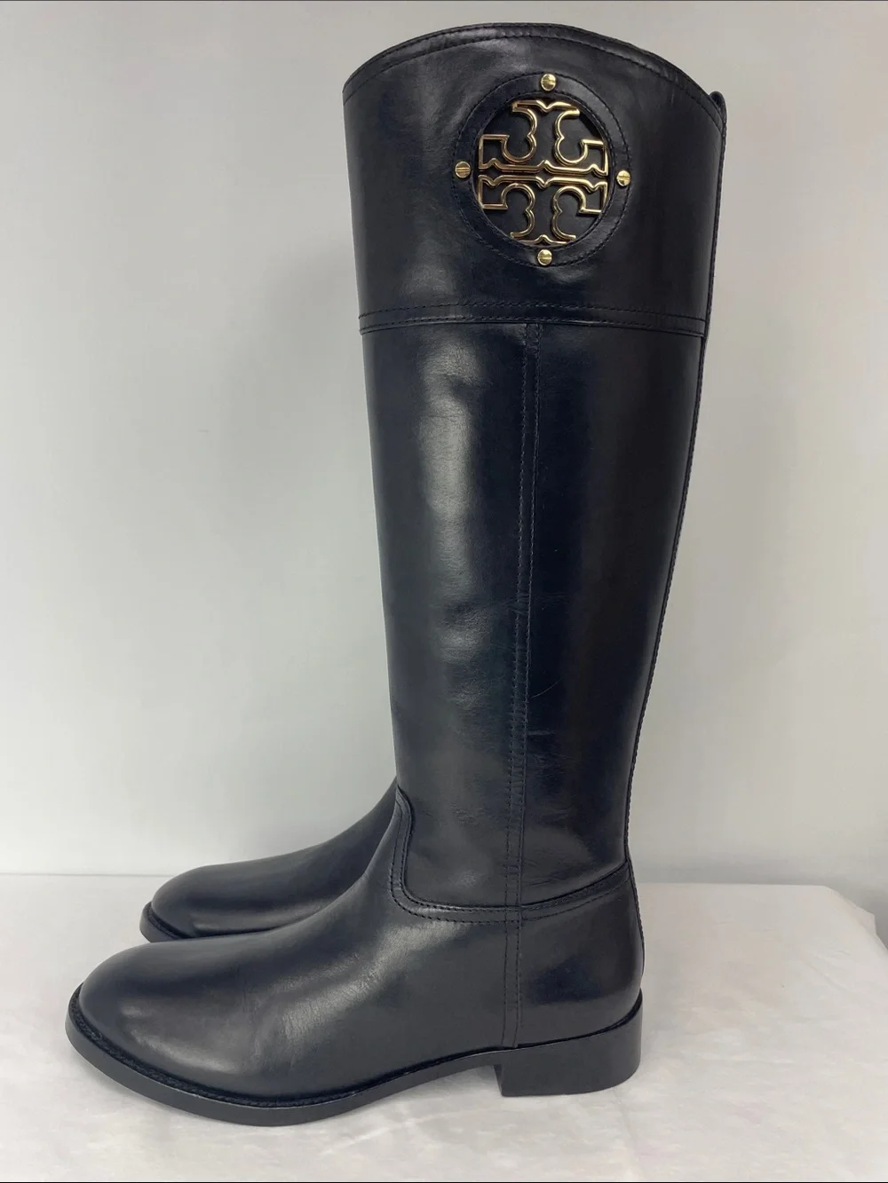 Tory Burch Black Leather Riding Boots with Gold Logo, Size 9